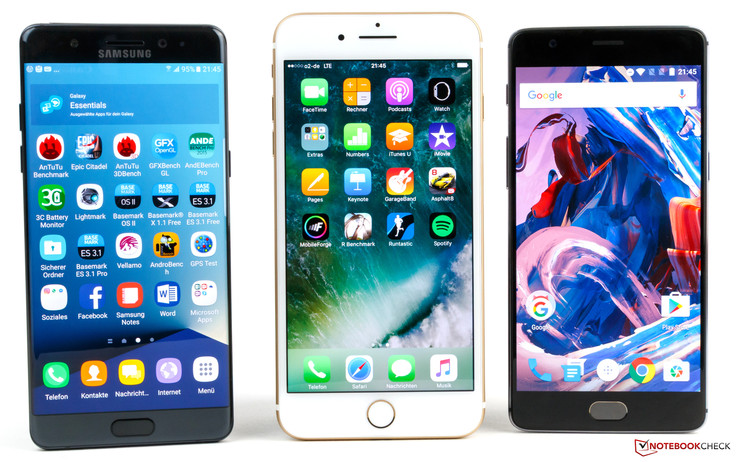 von links: Galaxy Note 7 (5,7"), iPhone 7 Plus (5,5"), OnePlus 3 (5,5")
