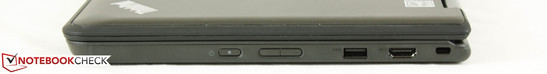 Rechte Seite: Power-Button, Lautstärkewippe, 1x USB 3.0, HDMI-Ausgang, Kensington Lock