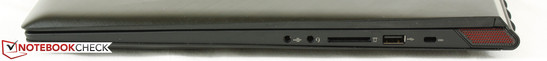 rechts: SPDIF, 3,5-mm-Klinke, 4-in-1-Kartenleser, 1x USB 2.0, Kensington Lock