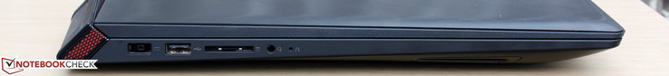 Links: Netzteil, USB 2.0, SD-Leser, 3,5-mm-Headset