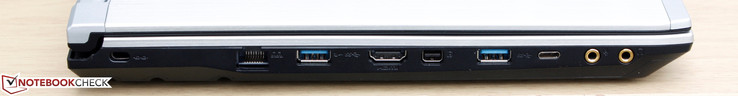 links: Kensington Lock, RJ45 Ethernet, USB 3.0, HDMI, mDP, USB 3.0, USB 3.1 Typ-C Gen. 2, 3,5 mm Mikrofon- und Kopfhörerbuchse (vergoldet)
