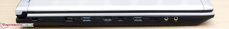 links: Kensington Lock, RJ45, 2x USB 3.0, HDMI, Mini-DP, USB 3.1 Type-C Gen. 2, Mikrofon, Kopfhörer