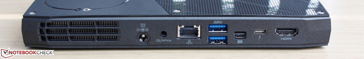 Hinten: Stromanschluss, Optical, Gigabit Ethernet, 2x USB 3.0, Mini-DisplayPort, USB Type-C 3.1 + Thunderbolt 3, HDMI 2.0