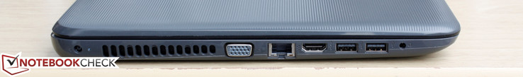 links: Stromadapter, VGA-Ausgang, Gigabit Ethernet, HDMI, USB 3.0, USB 2.0, 3,5 mm Audio-Kombi