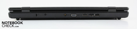 Rückseite: Kensington Lock, AC, VGA, HDMI, eSATA/USB, USB 2.0