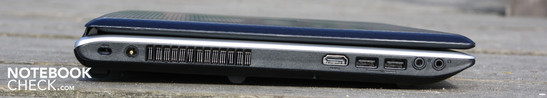 Linke Seite: Kensington, AC, HDMI, 2 x USB 2.0, Kopfhörer/SPDIF, Mikrofon