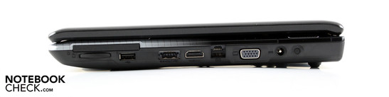 Rechte Seite: ExpressCard54, CardReader, USB, eSATA, HDMI, LAN, VGA, AC