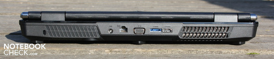 Rückseite: Kensington, AC, RJ45, VGA, eSATA, HDMI