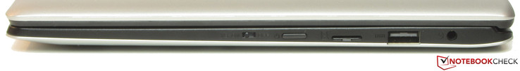 Rechte Seite: Ein-/Ausschalter für die Tastatur, Powerbutton, Kartenleser (MicroSD) USB 2.0 (Typ A), Audiokombo