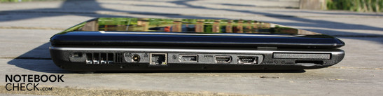 Linke Seite: Kensington, AC, LAN, DisplayPort, HDMI, eSATA/USB, ExpressCard54, CardReader