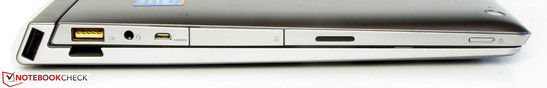 linke Seite: USB 2.0 (am Tastaturdock), USB 3.0/Netzanschluss, Audiokombo, Micro-HDMI, Speicherkartenleser, Lautsprecher, Netzschalter