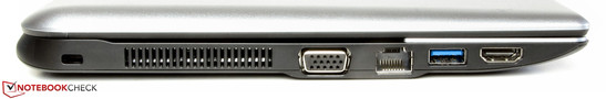 Linke Seite: Steckplatz für ein Kensington-Schloss, VGA-Ausgang, Ethernet-Steckplatz, USB 3.0, HDMI