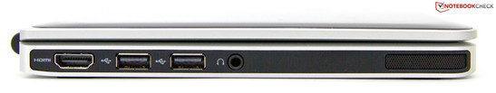 Linke Seite: HDMI, 2x USB 2.0, Kopfhörerausgang, Lautsprecher