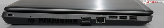 linke Seite: Kensington Lock, Netzteilanschluss, VGA, RJ-45, HDMI, 2x USB 3.0