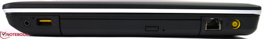 Rechte Seite: kombinierter Audioport, USB 2.0 mit Ladefunktion, optisches Laufwerk, LAN, Netzanschluss