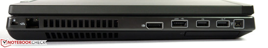 Linke Seite: Kensington-Lock, Gigabit-LAN, DisplayPort, USB 2.0/eSata, 2x USB 2.0, FireWire 400