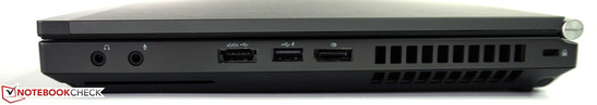 rechte Seite: separate Audio in/out, USB 2.0/ eSATA, USB 2.0 mit Ladefunktion, DisplayPort, Kensington Lock