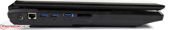 Linke Seite: FireWire 400, Gigabit-LAN, 2x USB 3.0, 1x USB 3.0/ eSATA Kombi, 9-in-1 Card Reader