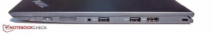 rechts: Stylus, Stromschalter, Lautstärkeregler, Audio-Kombi-Buchse, 2x USB 3.0, HDMI, Kensington Lock Slot