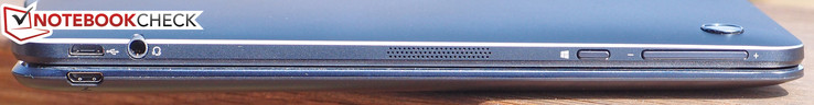 links: Micro-USB-2.0-Ladeanschluss, 3,5-mm-Combo, Windows Button, Lautstärkewippe, Micro-USB-Ladeanschluss für die Baseunit (unten)