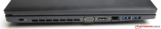 Linke Seite: Steckplatz für ein Kensington-Schloss, VGA-Ausgang, HDMI, Gigabit-Ethernet, 2x USB 3.0