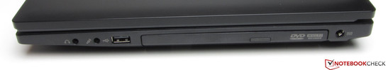 Rechte Seite: Kopfhörerausgang, Mikrofoneingang, USB 2.0, DVD-Brenner, Netzanschluss