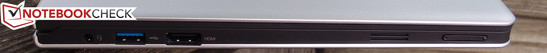 linke Seite: 3,5-mm-Kombi, USB 3.0, HDMI, Lautstärkeregler