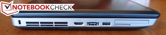 linke Seite: Kensington Lock, HDMI, USB 3.0/eSATA, USB 3.0, ExpressCard 54 mm, SD-Kartenleser