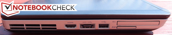 linke Seite: Kensington Lock, HDMI, USB 3.0/eSATA, USB 3.0, ExpressCard 54 mm, SD-Card-Reader