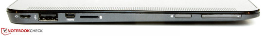 rechte Seite: Netzanschluss, USB 2.0, Micro HDMI, Speicherkartenleser (MicroSD), Windows Taste, Lautstärkewippe