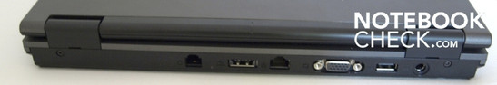 Esprimo Mobile U9210 Rückseite: Modem, 1x USB/eSATA, Gigabit-LAN, VGA, Gigabit-LAN, 1x USB-2.0, Stromanschluss