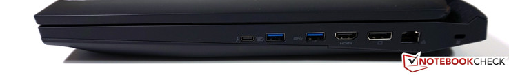 rechts: USB 3.1 (inkl. Thunderbolt 3), 2x USB 3.0, HDMI, DisplayPort, RJ45-LAN, Slot für Kensington Locks