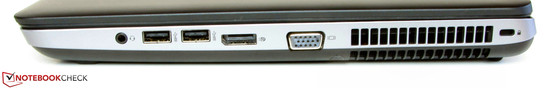 Rechte Seite: Audiokombo, 2x USB 3.0, Displayport, VGA-Ausgang, Steckplatz für ein Kensington-Schloss