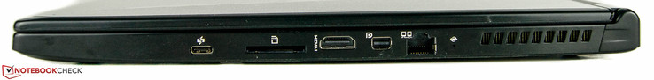 rechts: 1x USB 3.1, SD-Kartenlesegerät,  HDMI, Mini-DisplayPort, Ethernet-Anschluss