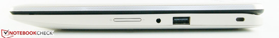 rechts: Lautstärkeregelung, Audio-Combi, 1x USB 2.0, Kensington Lock