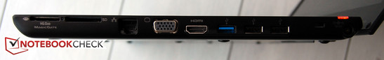 rechts: Cardreader, LAN, VGA, HDMI, 1 x USB 3.0, 2 x USB 2.0, Kensington Lock, Netzbuchse
