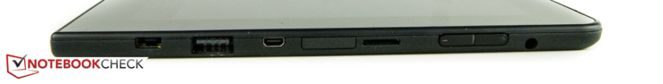rechts: Netzanschluss, USB 3.0-Anschluss, HDMI-Ausgang, MicroSD-Slot, Lautsprecher-Regelung, Audio-Combo