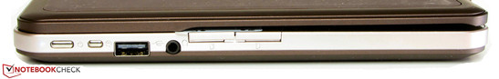 linke Seite: Power Button, Rotationsperre, USB 2.0, Audiokombo, Maustasten