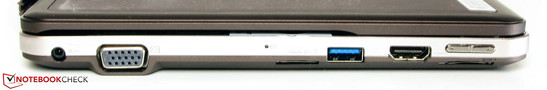 rechte Seite: Netzanschluss, VGA-Ausgang, Speicherkartenleser, USB 3.0, HDMI, Lautstärkeregler, SIM-Karten-Schlitz