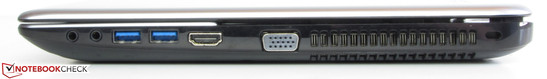 rechte Seite: Kopfhörerausgang, Mikrofoneingang, 2x USB 3.0, HDMI, VGA-Ausgang, Steckplatz für en Kensington Schloss
