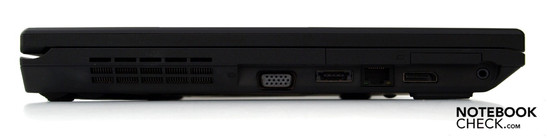 Linke Seite: Lüfter, VGA, USB-eSATA-Kombi, RJ45 (LAN),  Display-Port, 7-in-1 Kartenleser, Kombi-Audio