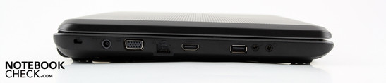 Linke Seite: Kensington, AC, VGA, Ethernet, HDMI, USB 2.0, Kopfhörer, Mikrofon