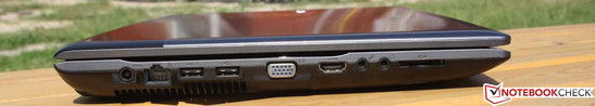 linke Seite: AC, Ethernet, 2 x USB 2.0, VGA, HDMI, Mikrofon, Kopfhörer, CardReader