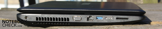 Linke Seite: AC, VGA, Ethernet, USB 3.0, HDMI, Kartenleser