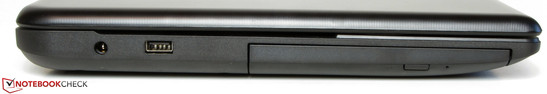 linke Seite: Netzanschluss, USB 2.0, DVD-Brenner