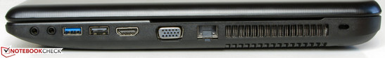 rechte Seite: Kopfhörerausgang, Mikrofoneingang, USB 3.0, USB 2.0 HDMI, VGA-Ausgang, Ethernet-Steckplatz, Steckplatz für ein Kensington Schloss
