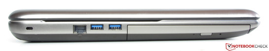 linke Seite: Steckplatz für ein Kensington Schloss, Gigabit-Ethernet, 2x USB 3.0, DVD-Brenner