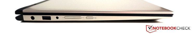 Links: Strom, USB 2.0, 3,5-mm-Klinke, Lautstärkewippe, Windows-Button