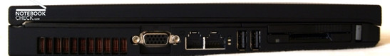 Linke Seite: Lüfteröffnung, VGA-Out, Modem, LAN, 2x USB 2.0, PCCard/ExpressCard