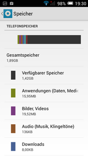 Der frei verfügbare Speicher liegt unter 2 GB.